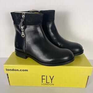 NWT FLY London Leather Zip Up Ankle Boots Low Block Heel Abys Black Size 39/8.5